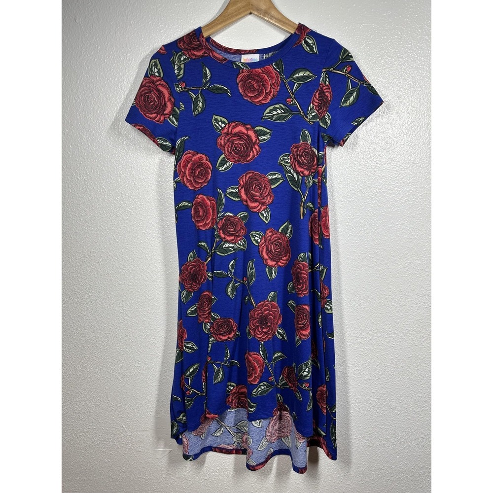 LuLaRoe Dress Womens XXS Blue Red Floral Rose Print Short Sleeve Casual Soft